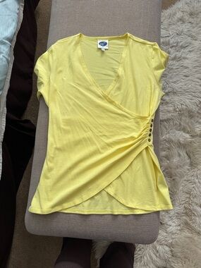 DG2 by Diane Gilman Yellow Wrap-Front Short Sleeve Top